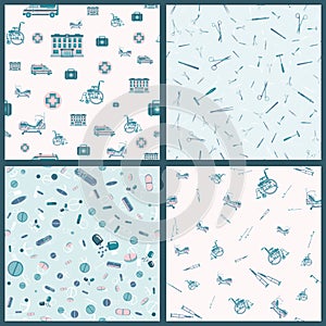 Set of vector seamless pattern with outlines of Medical supplies, accessories and attributes. For web, logo, app, UI