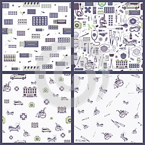 Set of vector seamless pattern with outlines of Medical supplies, accessories and attributes. For web, logo, app, UI