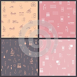 Set of vector seamless pattern with outlines of Medical supplies, accessories and attributes. For web, logo, app, UI