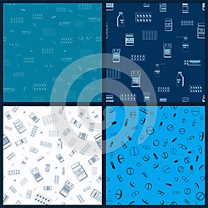 Set of Vector seamless pattern with outlines of packing blister with capsules and plastic jar for tablets. For app, UI