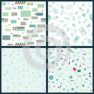 Set of Vector seamless pattern with packing blister with capsules and plastic jar for tablets. For web, logo, app, UI