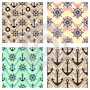 Set of vector seamless patterns with anchor, steering wheel, life preserver and waves. Creative geometric symmetrical background,