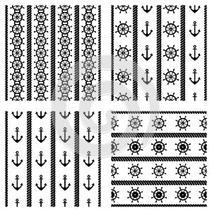 Set of vector seamless patterns with anchor, steering wheel and rope. Creative geometric symmetrical background, nautical theme. G