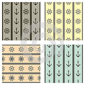 Set of vector seamless patterns with anchor, steering wheel and rope. Creative geometric symmetrical background, nautical theme. G