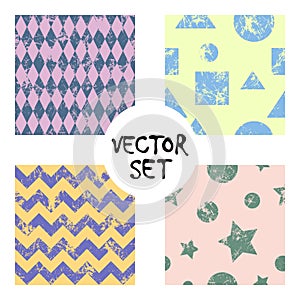 Set of vector seamless patterns Creative geometric backgrounds with squares,stars,circles.Texture with attrition, cracks and ambro