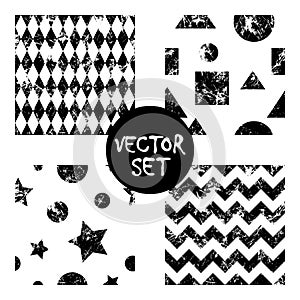 Set of vector seamless patterns Creative geometric black and white backgrounds with squares,stars,circles.Texture with attrition,