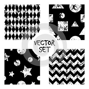 Set of vector seamless patterns Creative geometric black and white backgrounds with squares,stars,circles.Texture with attrition,