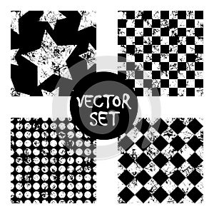 Set of vector seamless patterns Creative geometric black and white backgrounds with squares,stars,circles.Texture with attrition,
