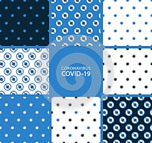 Set of vector seamless patterns in flat style. Endless texture. Stop coronavirus COVID-19 concept. Prohibit sign. Novel