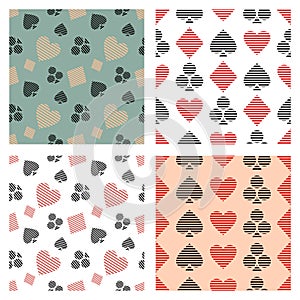 Set of vector seamless patterns with lined icons, symbol of playing card symbols.