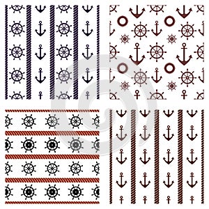 Set of vector seamless patterns. Steering wheel, life preserver, anchor, rope. Creative geometric backgrounds, nautical theme. Gra