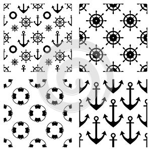 Set of vector seamless patterns. Steering wheel, life preserver, anchor, rope. Creative geometric backgrounds, nautical theme. Gra