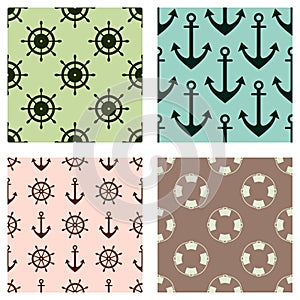 Set of vector seamless patterns. Steering wheel, life preserver, anchor, rope. Creative geometric backgrounds, nautical theme. Gra