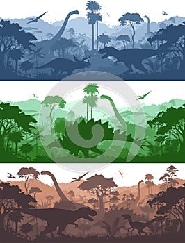 Set of vector seamless prehistoric background mural with dinosaurs