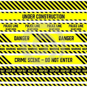 Set of vector seamless tapes used by police for restriction and danger zones. Yellow and black stripes