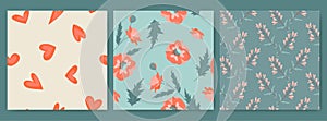 Set of vector seamless Valentine patterns with hearts and wildflowers