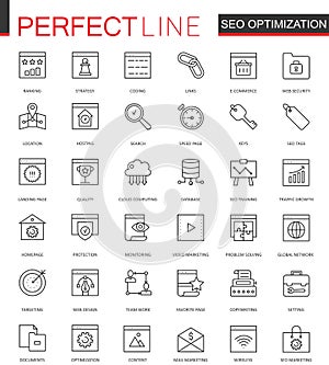 Set of Vector SEO Search Engine Optimization thin line web icons set. Outline stroke icon design.