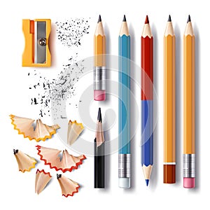 Set of vector sharpened pencils of various lengths with a rubber, a sharpener, pencil shavings