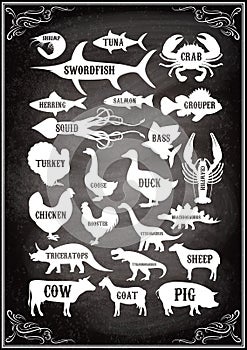 Set vector silhouettes of animals and birds on wood background