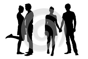 Set of vector silhouettes of a couple of young lovers