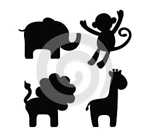 Set of vector silhouettes of cute animals, monkey, elephant, lion, giraffe