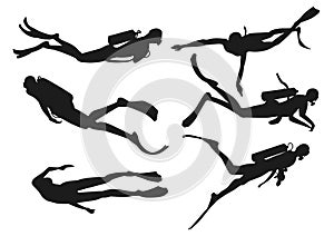 Set of vector silhouettes diving in different poses