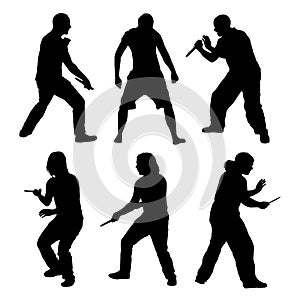 Set of vector silhouettes of fighting men with knife - martial arts, self-defense, criminality