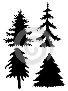 Set of Vector silhouettes of forest coniferous and deciduous fir trees. Evergreen tree silhouette illustration