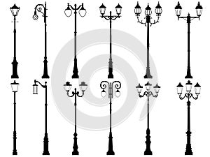 Set of vector silhouettes of lamppost.