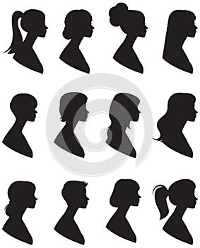 Set of vector silhouettes. Portrait of a woman in a profile with