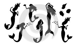 Set of vector silhouettes of pregnant mermaid.