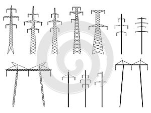 Set of vector silhouettes of pylons power line.