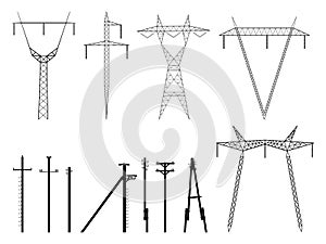 Set of vector silhouettes of pylons power line.