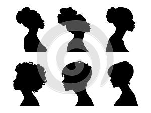 Set vector simple black silhouette of woman, side view, face and neck only. Female silhouette. Set womens silhouettes