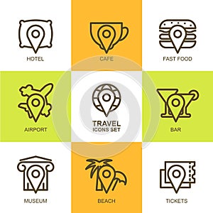 Set of vector simple linear travel icons. Map symbols, waypoint,
