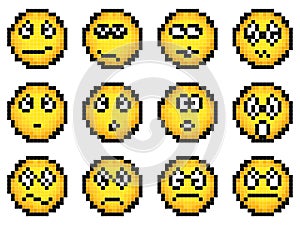 Set of vector simple yellow pixel smiley.