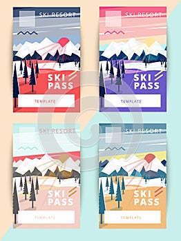 Set of vector ski pass template design.