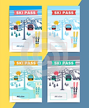 Set of vector ski pass template design. Colorful mountain resort