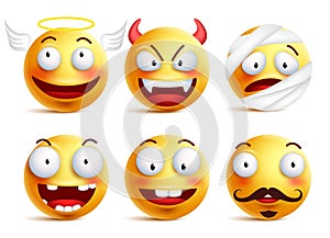 Set of vector smileys with funny faces like angel and demon photo