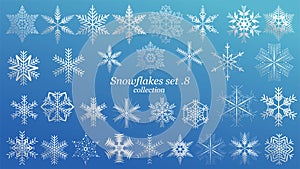 Set of vector Snowflakes Christmas design with blue ice luxury color on blue background. Winter white snow flake crystal element.