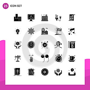 Set of 25 Vector Solid Glyphs on Grid for plug, energy, security, eletrical, bulb photo