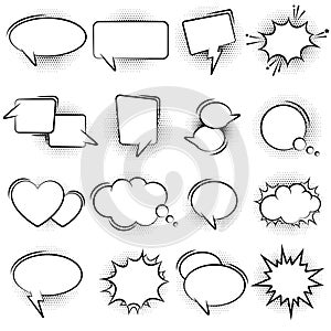 Set of vector speech bubbles with halftone dots. Pop art style