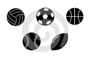 A set of vector sports ball icons. Black balls for football, volleyball, tennis, basketball, rugby. Ball icons isolated
