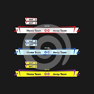 Set of vector sports banners of different colors bottom game information banners on black background