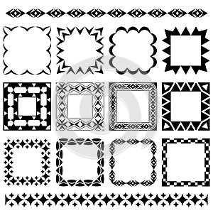 Set of vector square frames and brushes with geometric ornaments