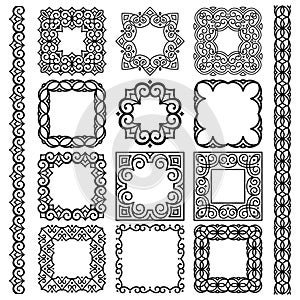 Set of vector square frames, brushes, modern linear oriental ornaments