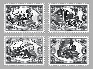 Set of vector stamps templates with retro trains