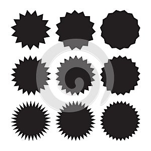 Set of vector starburst, sunburst badges. Black icons on white background. Simple flat style vintage labels, stickers.