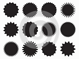 Set of vector starburst, sunburst badges. Black icons on white background. Simple flat style vintage photo
