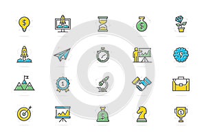 Set of vector startup and business colored line icons. Mountain peak, target, light bulb, trophy, award, presentation